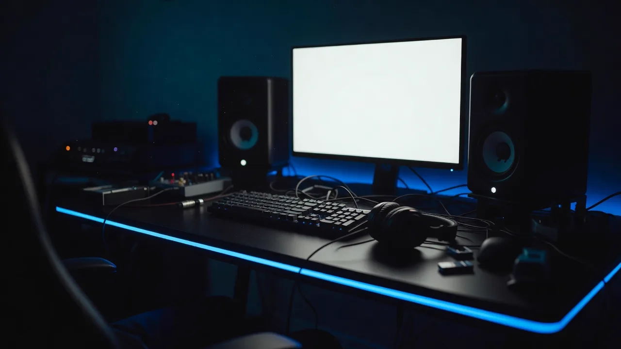 An editing desk at night, lit by the glow of a monitor