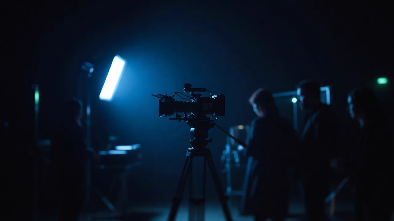 A small film set at night with a cinema camera in blue haze