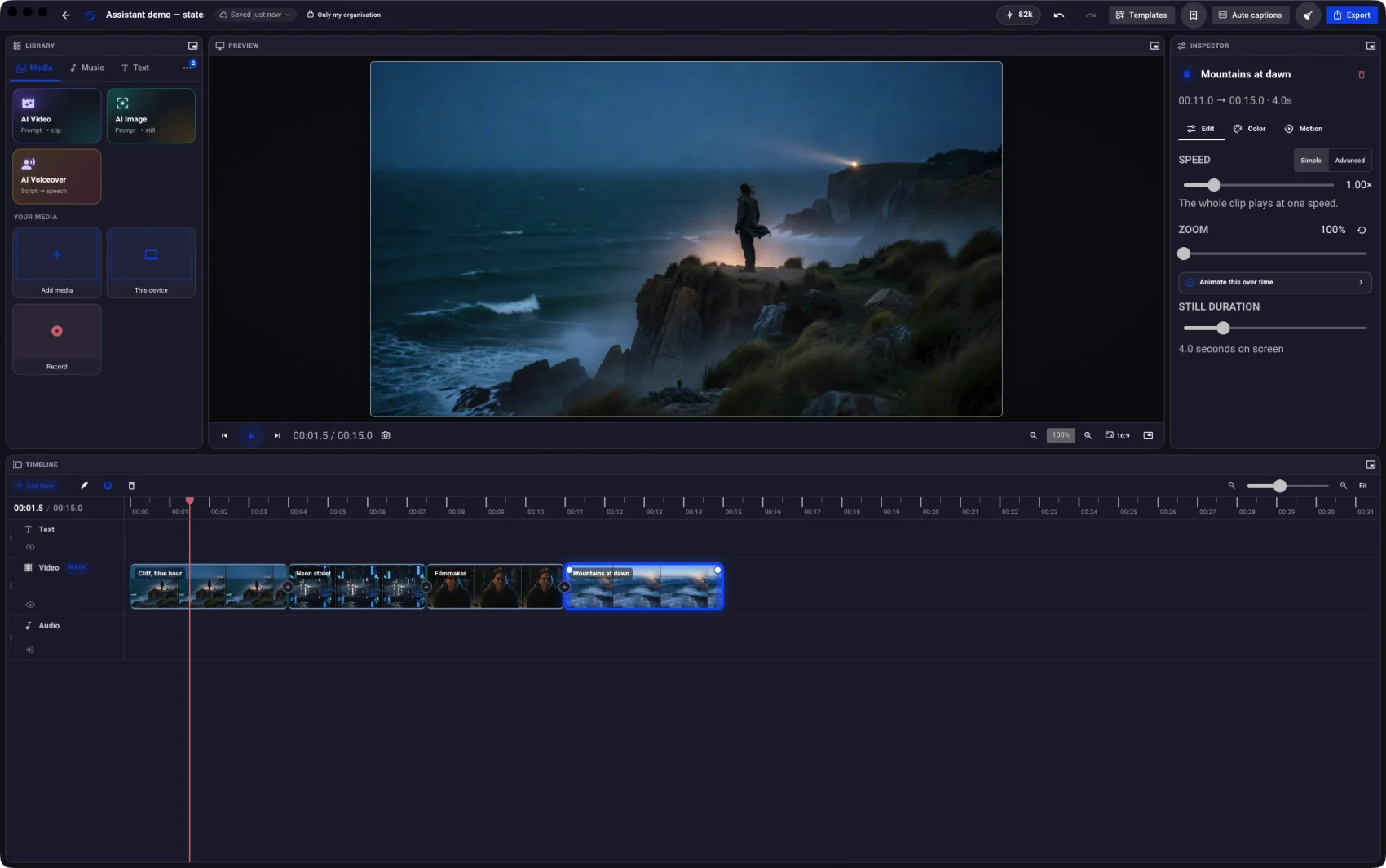 The editor with four clips on the video track, filmstrip thumbnails visible, a coastal shot in the preview