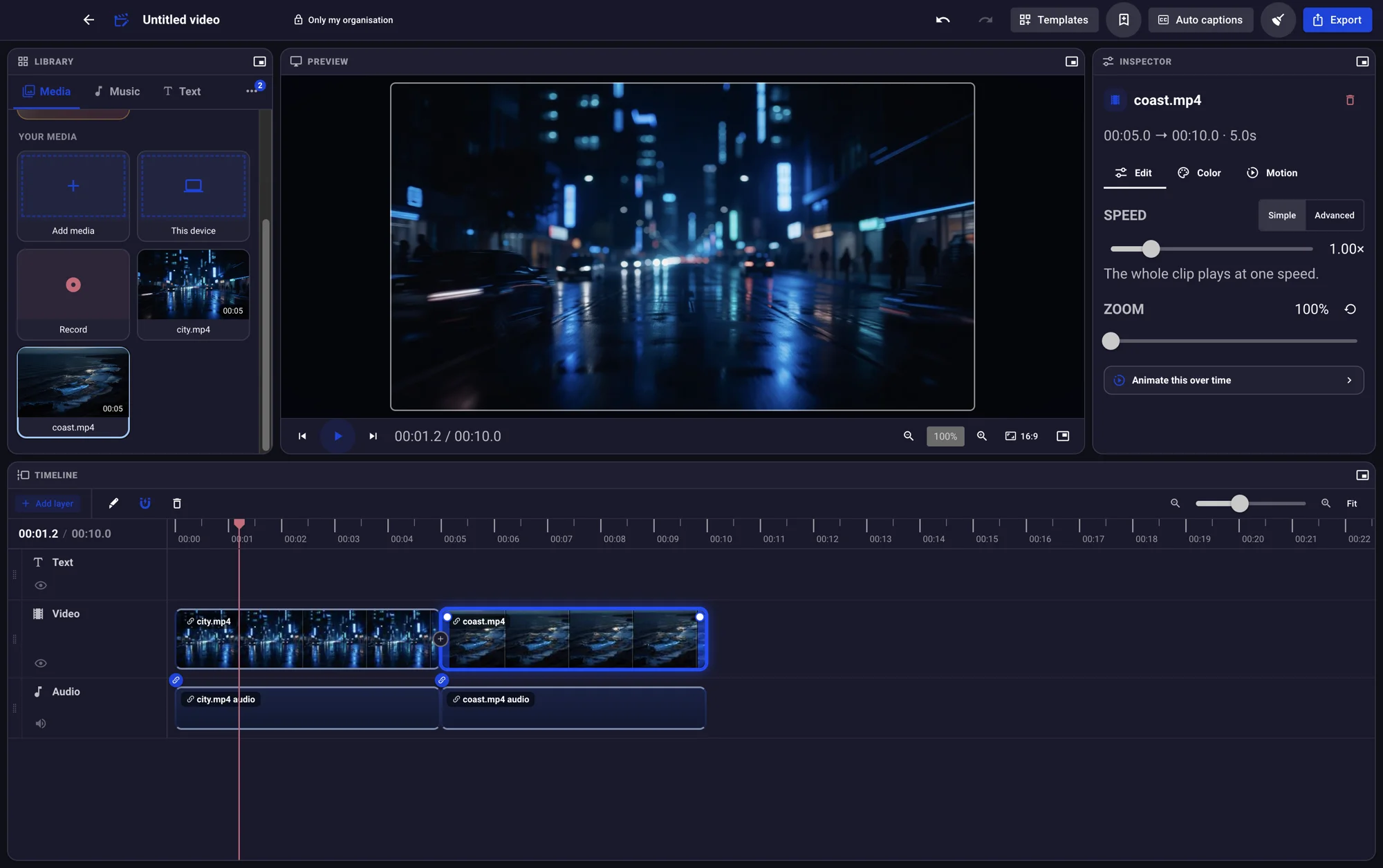 The CNEX Cut editor: library, preview, inspector and timeline in the dark theme