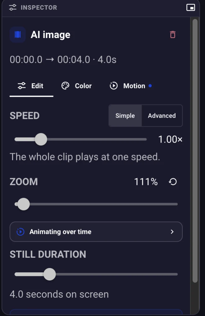 The clip inspector showing Edit, Color and Motion tabs, a speed control, a zoom control at 102 percent, an "animating over time" row and a still-duration control
