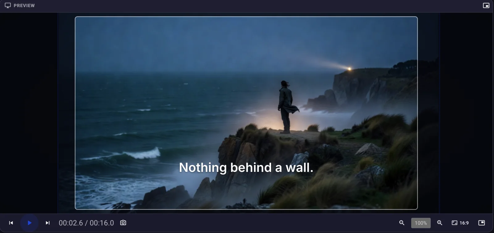 The preview panel showing a graded coastal shot with a title across the lower third