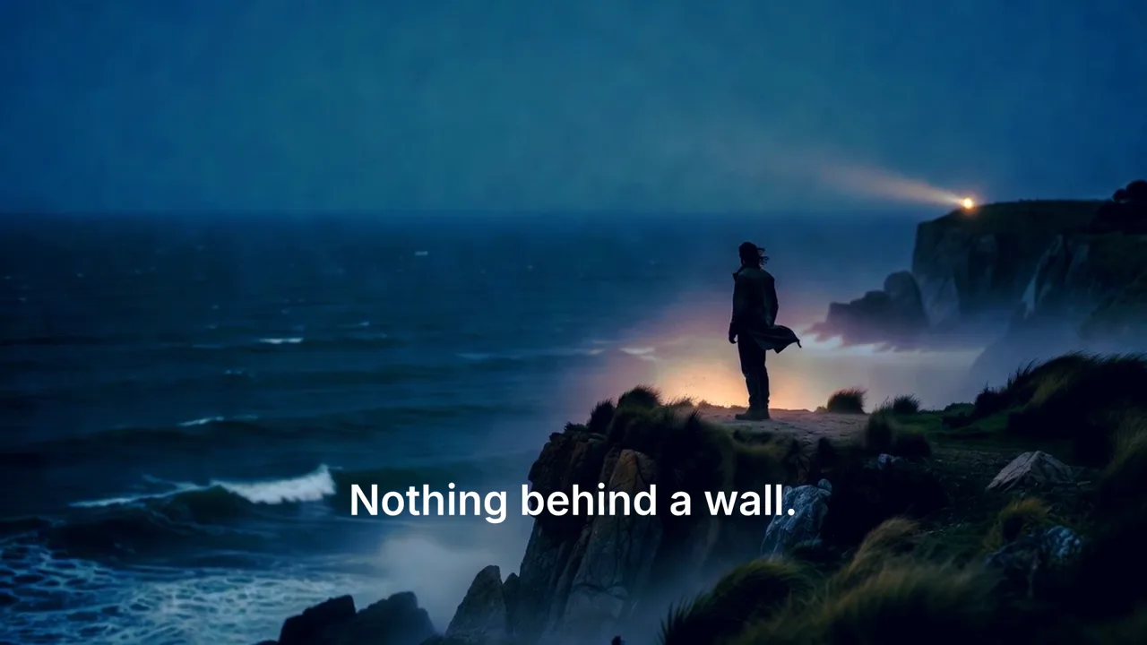 A sixteen-second cut: a figure on a coastal cliff at blue hour, a rain-slick neon street, a filmmaker in a dark studio, and an aerial over misty mountains, joined by dissolves under a title
